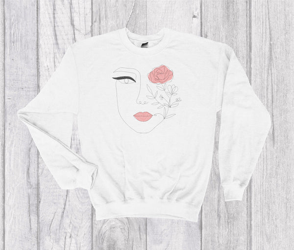 Woman’s Face and Flower Embroidered Crewneck