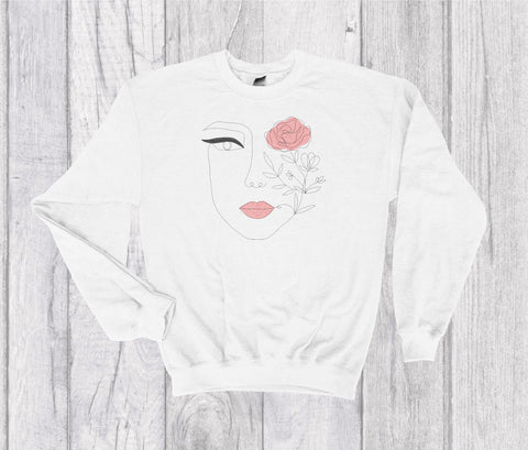 Woman’s Face and Flower Embroidered Crewneck